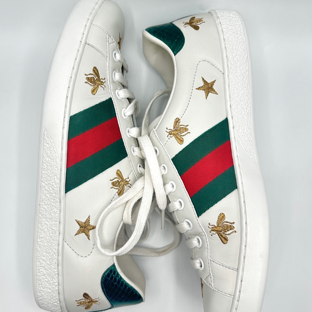 Gucci Ace Bee Embroidered Green Red Web White Leather Sneakers Eu 41.5